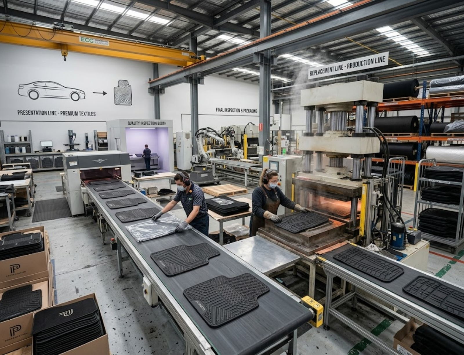 Wide shot of automotive manufacturing and assembly floor